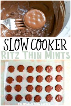 a close up of chocolate frosted cookies on top of a cookie sheet with the words slow cooker ritz thinns