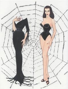 two women in black swimsuits standing next to each other on a spider web