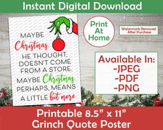 printable grinch quote poster for christmas and other holiday decorating items, including the grin