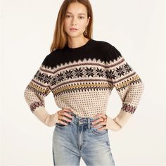 Fair Isle Puff-Sleeve Crewneck Sweater In Supersoft Yarn Item: Bd040 Color: Hthr Sand Black Size: X-Small Qty: 1 Jcrew Sweater, Fisherman Sweater, Open Knit Sweater, Fair Isle Sweater, Cream Sweater, Jcrew Women, Color Block Sweater, High Fashion Street Style, Crewneck Sweater