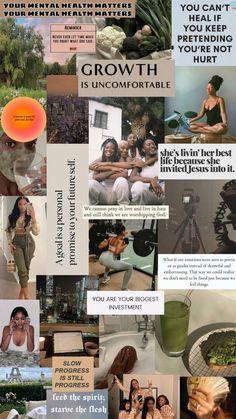 a collage of images with words and pictures on them, including people in the background