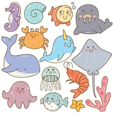 various sea animals are grouped together on a white background with blue, pink and yellow colors