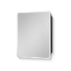 a bathroom mirror mounted on the wall with a black frame and white back lit light