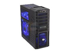 a black computer case with blue lights on the front and side panel, sitting against a white background