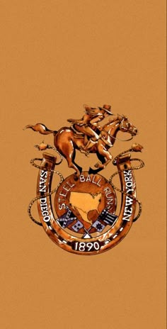 two horses are racing each other in the center of an emblem on a brown background