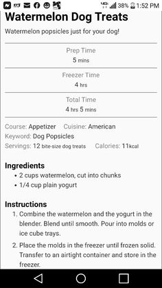 the menu for watermelon dog treats is shown in this screenshote image