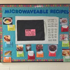 a microwave on a bulletin board with magnets