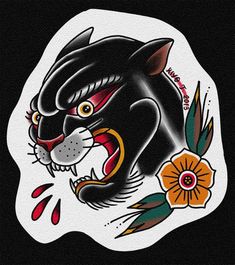 an image of a black panther with flowers on it's head and fangs out