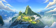 an artist's rendering of a mountain with a village on top in the clouds