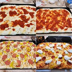 four different types of pepperoni pizzas in pans