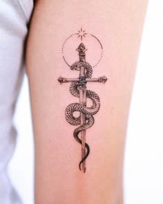 Cross With A Snake Tattoo, As Above So Below Snake Tattoo, Snake And Compass Tattoo, Dager Tattoos Snake, Snake Around Dagger Tattoo, Snake With Swords Tattoo, Snake With Knife Tattoo, Swords Chest Tattoo, Reinassance Tattoo