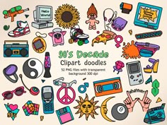 an assortment of clipart doodles with the words 90's decade