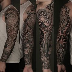 a man's full sleeve with tattoos on his arm and shoulder, in black and grey