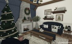 a living room filled with furniture and a christmas tree in front of a fire place