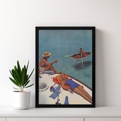 two people on a boat in the water with one person laying down and another standing up