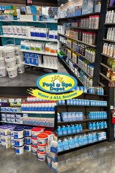 an aisle in a grocery store filled with lots of water bottles and other items for sale