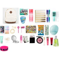 the contents of a travel bag are arranged neatly on a white background, including makeup, toiletries and other items