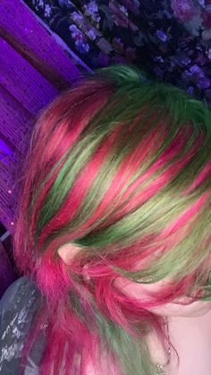 Green And Pink Hair Aesthetic, Red And Green Dyed Hair, Pink And Green Hair Dye Ideas, Watermelon Hair Color, Bright Hair Dye Ideas, Pink Underdye Hair, Red And Green Highlights, Green And Red Hair, Fun Colored Hair