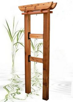 an artistic rendering of a wooden ladder in water with reeds and grass behind it