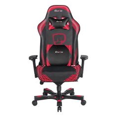 a red and black gaming chair with the word dx racer on it's back