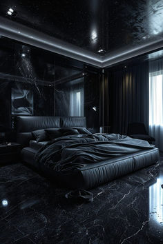 a large black bed sitting in the middle of a room next to a window with curtains