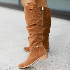 Women's Slouchy Suede Knee-High Boots with Buckle - Casual Flat Heel for Everyday & Fall Fashion 2024 - $49.99 Knee High Boots Winter, Womens High Boots, Popular Boots, Point Shoes, Zipper Boots, Estilo Chic, Fashion 2024, Payment Received, Retro Women