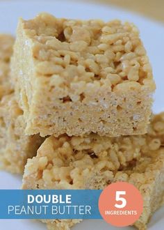 three squares of rice krispy treats stacked on top of each other with text overlay