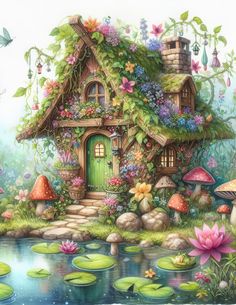 a painting of a house surrounded by water lilies