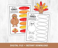 the turkey and turkey printables are on display in front of a wooden background