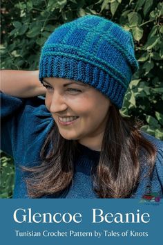 a woman wearing a blue knitted hat with text that reads, glenoe beanie turkish crochet pattern by tales of knots