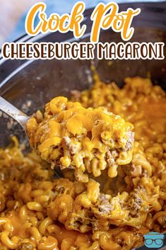 crock pot cheeseburger macaroni is being scooped from the casserole