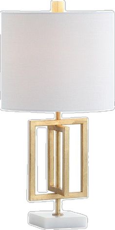 a table lamp with a white shade on the top and gold trim around the base