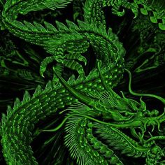 a green dragon is in the middle of some plants and leaves that are growing on top of each other