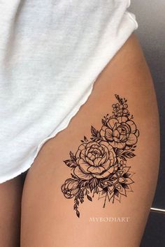 Beautiful Rose Tattoo Ideas for Female – Small Inspirational Tats – www.MyBodiArt.com Inner Thigh Tattoos, Front Thigh Tattoos, Tattoos For Women On Thigh, Rose Tattoo Thigh, Floral Thigh Tattoos, Flower Thigh Tattoos