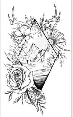 a black and white tattoo design with flowers, deer antlers and mountains in the background