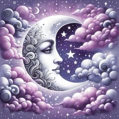 a painting of a woman's face on the moon with clouds in the background