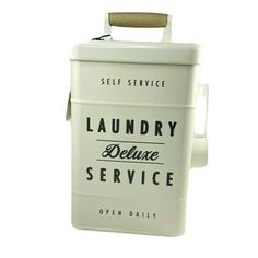 a white plastic container with the words laundry deluxe service on it's lid and handle