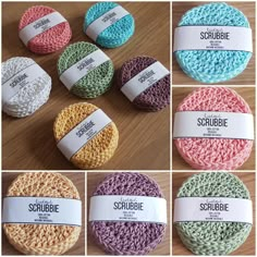 crocheted scrubbies are shown in four different colors and sizes, with labels on them