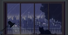 a cat sitting in front of a window looking out at the city skyline with rain coming down