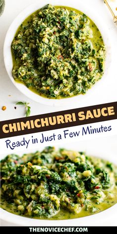 this is an image of a bowl of chimica sauce with the words ready in just a few minutes