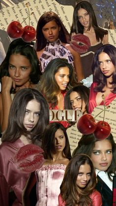 a collage of women with red lipstick and apples on their faces, all in different poses