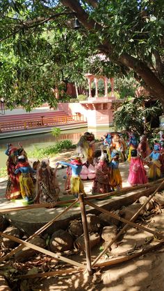 several people dressed in colorful costumes standing under a tree