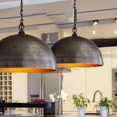 two lamps hanging over a kitchen island with potted plants on it's side