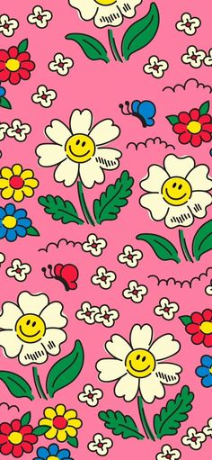 a pink background with flowers and smiley faces