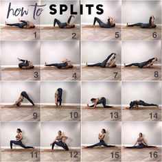 a series of photos showing how to do splits on the floor with one leg up