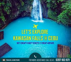 an advertisement for a travel destination with a waterfall in the background