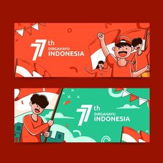 two banners for the 7th national day in indonesia with cartoon people holding flags and waving