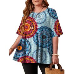 Standard US Plus Size: JuneFish specializes in designing clothes for Plus-Size women. We adopt the most common US Size Standard so that you can buy clothes in the correct size easily. 0X/L=(US 12W), 1X=(US 14W-16W), 2X=(US 18W-20W), 3X=(US 22W-24W), 4X=(US 26W-28W), 5X=(30W-32W) JuneFish This Women plus size tunic tops, Short sleeve, Round neck, Flows bottom hem, Loose style, Women's blouses, Summer tops, Plus size tops, Print tunic top. Women's plus size perfect short sleeve flowers top classic Summer Tops Plus Size, Designing Clothes, Plus Size Tunic, Printed Tunic Tops, Women's Blouses, Loose Style, Trendy Style, Print Tunic, Summer Tops