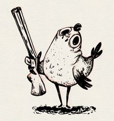 a drawing of a bird holding a baseball bat