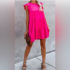 New Without Tags Vici Fuchsia Dress With Pockets Size S Tiered Babydoll Dress, St Christopher Necklace, Look Rose, Party Dress Long Sleeve, Pink Handbags, Puff Sleeve Dresses, Espadrille Sandals, Gathered Skirt, Layered Jewelry